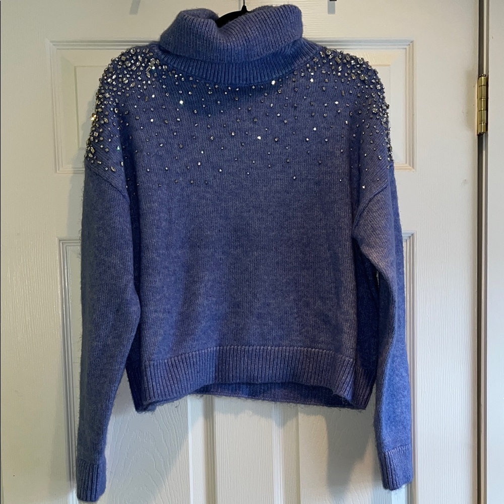 White House Black Market Blue Turtleneck Sweater with Embellishments